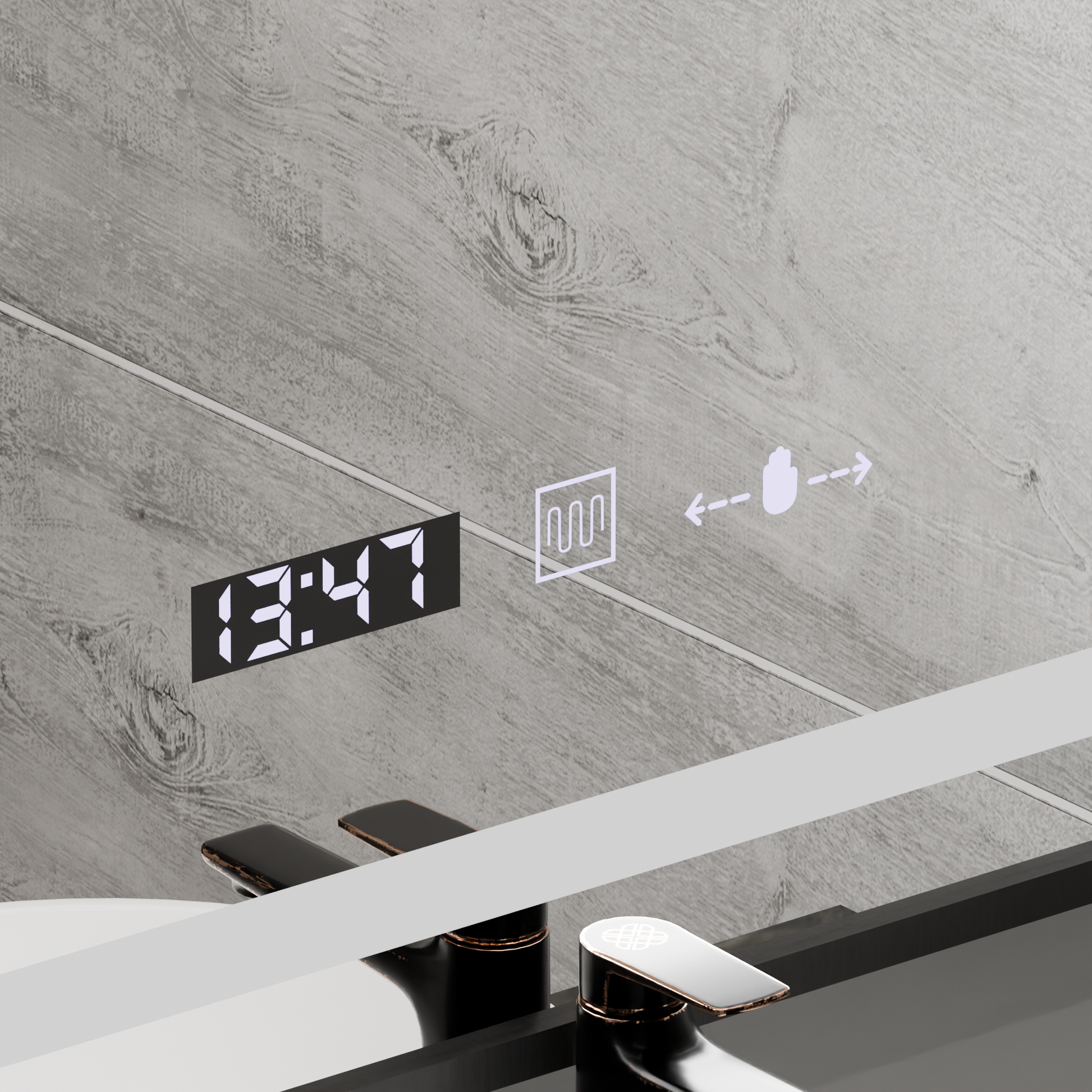 Prostokątne lustro LED, 50x70cm, Verite Majeste Noir Motion Glow Marcello, system odmgławiania, zegar i termometr, przyciemniane lustra Marcello Domyślny tytuł Alessandro Design