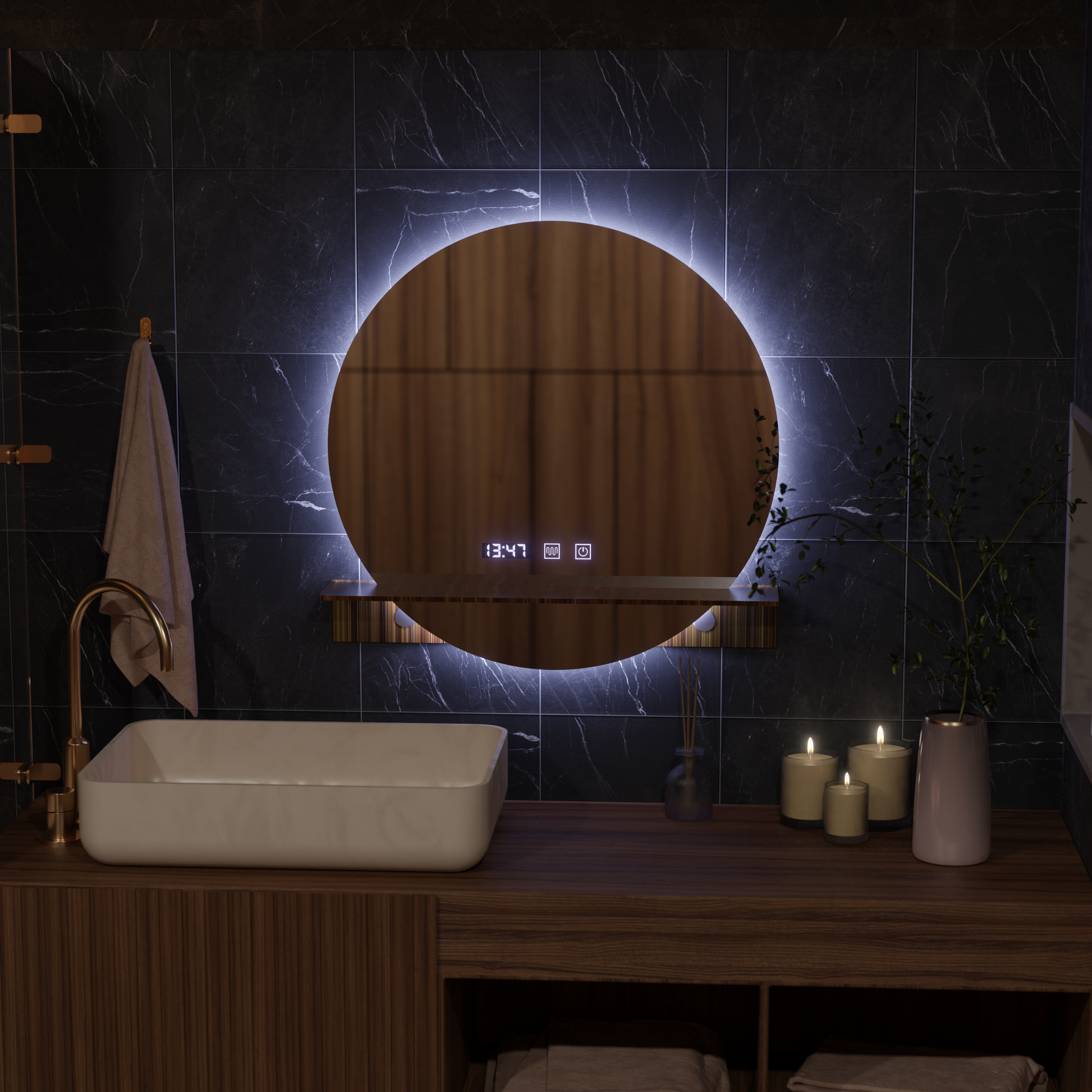 Lustro LED Touch Alfred System odmgławiania, zegar i temperatura 60x60 cm Ze zintegrowanymi lusterkami pomocniczymi Korman S Domyślny tytuł Alessandro Design