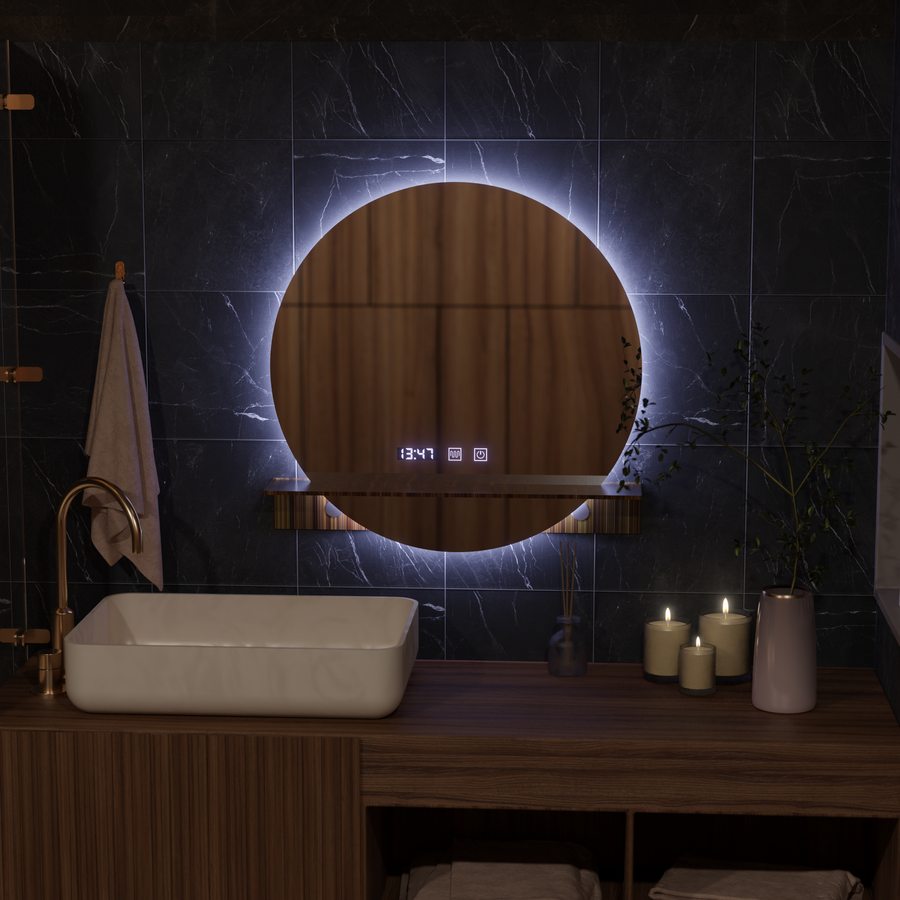 Lustro LED Touch Alfred System odmgławiania, zegar i temperatura 60x60 cm Ze zintegrowanymi lusterkami pomocniczymi Korman S Domyślny tytuł Alessandro Design