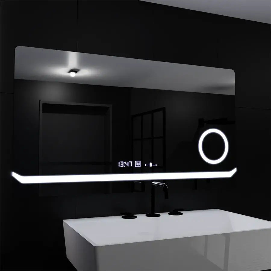 Prostokątne lustro LED, 80x60 cm, definicja MotionGlow Marcello, system usuwania zamglenia, zegar i termometr, lupa kosmetyczna, przyciemniane lustra Marcello Domyślny tytuł Alessandro Design