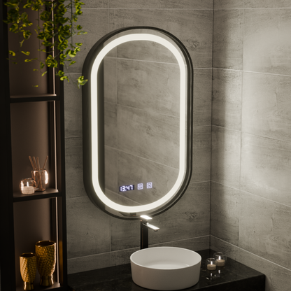 Helmut LED Touch System odmgławiania lusterek, zegar i temperatura 50x90 cm Czarna ramka Szczotkowane Marcello Funghi