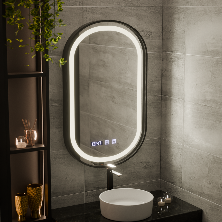 Helmut LED Touch System odmgławiania lusterek, zegar i temperatura 50x90 cm Czarna ramka Szczotkowane Marcello Funghi