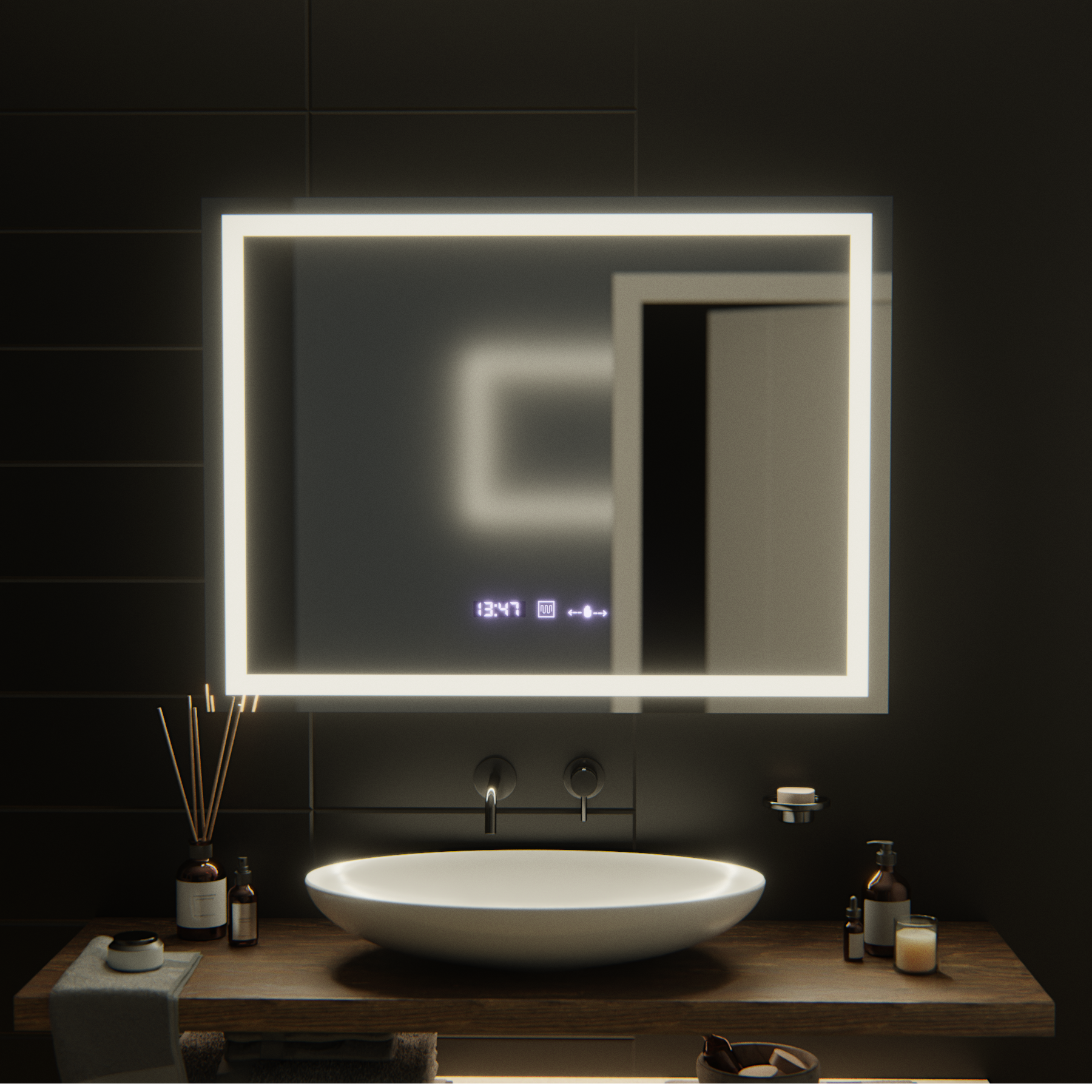 Prostokątne lustro LED, 100x75 cm, Verite MotionGlow Marcello, system usuwania zamglenia, zegar i termometr, przyciemniane lustra Marcello Tytuł domyślny Alessandro Design