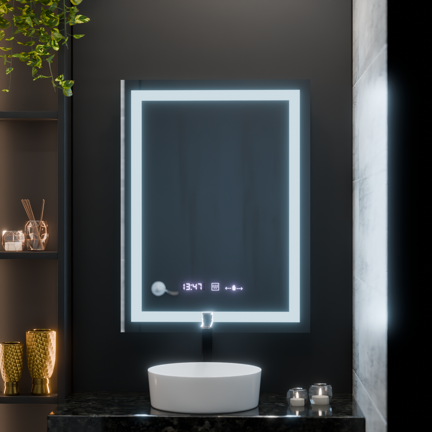 Prostokątne lustro LED, 75x90cm, Verite MotionGlow Marcello, system odmgławiania, zegar i termometr, przyciemniane lustra Marcello Domyślny tytuł Alessandro Design