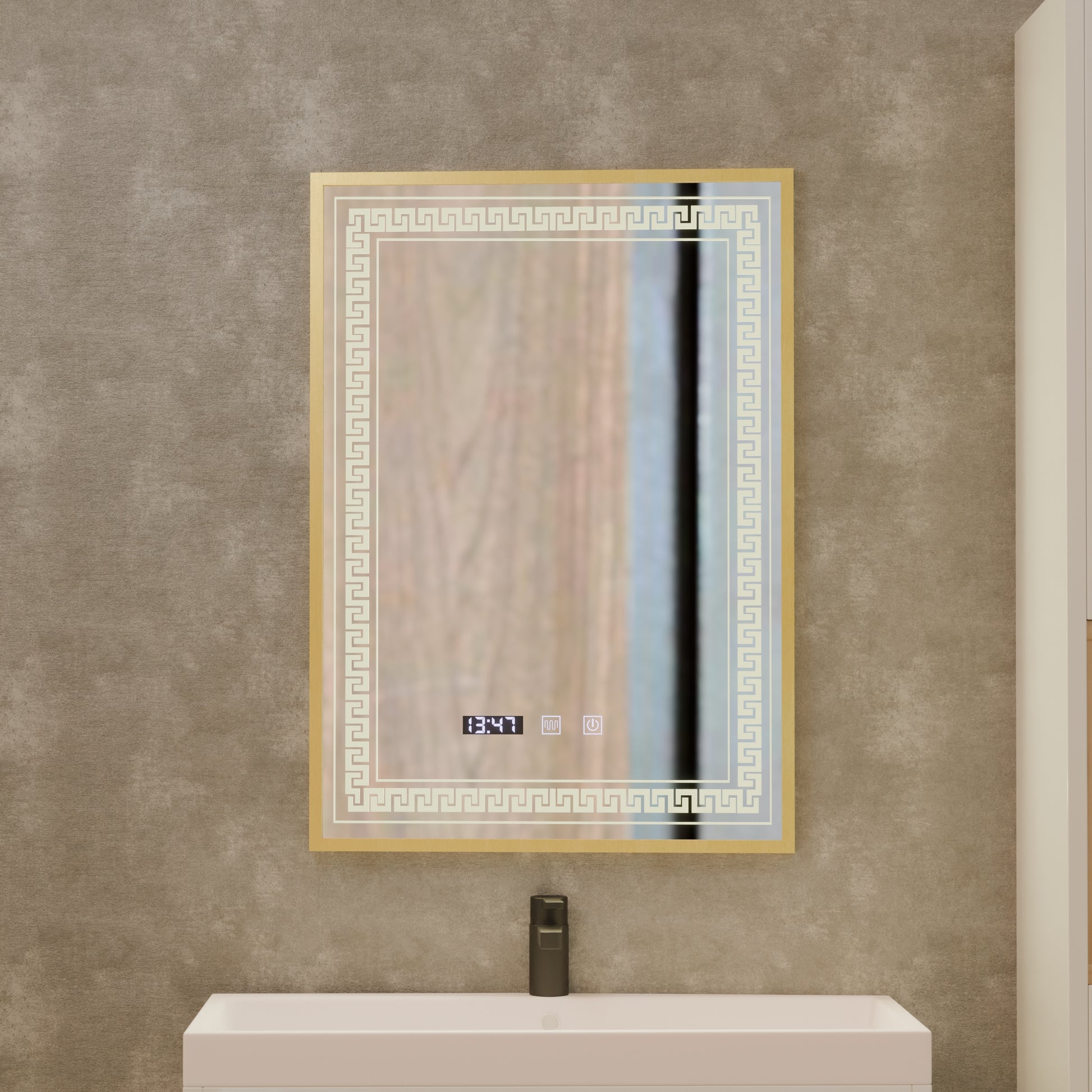 Lustro LED Touch Bruno Demister System, zegar i temperatura 60x80 cm ramka ze szczotkowanego złota, lustra S84/60X80 Korman S Domyślny tytuł Alessandro Design