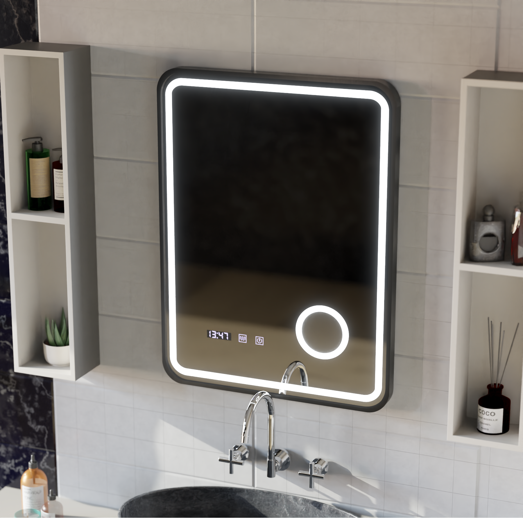 Ulrich LED Touch Lusterko System odmgławiania, zegar i temperatura 75x90 cm Czarna ramka Szczotkowane lusterka kosmetyczne Korman S Domyślny tytuł Alessandro Design