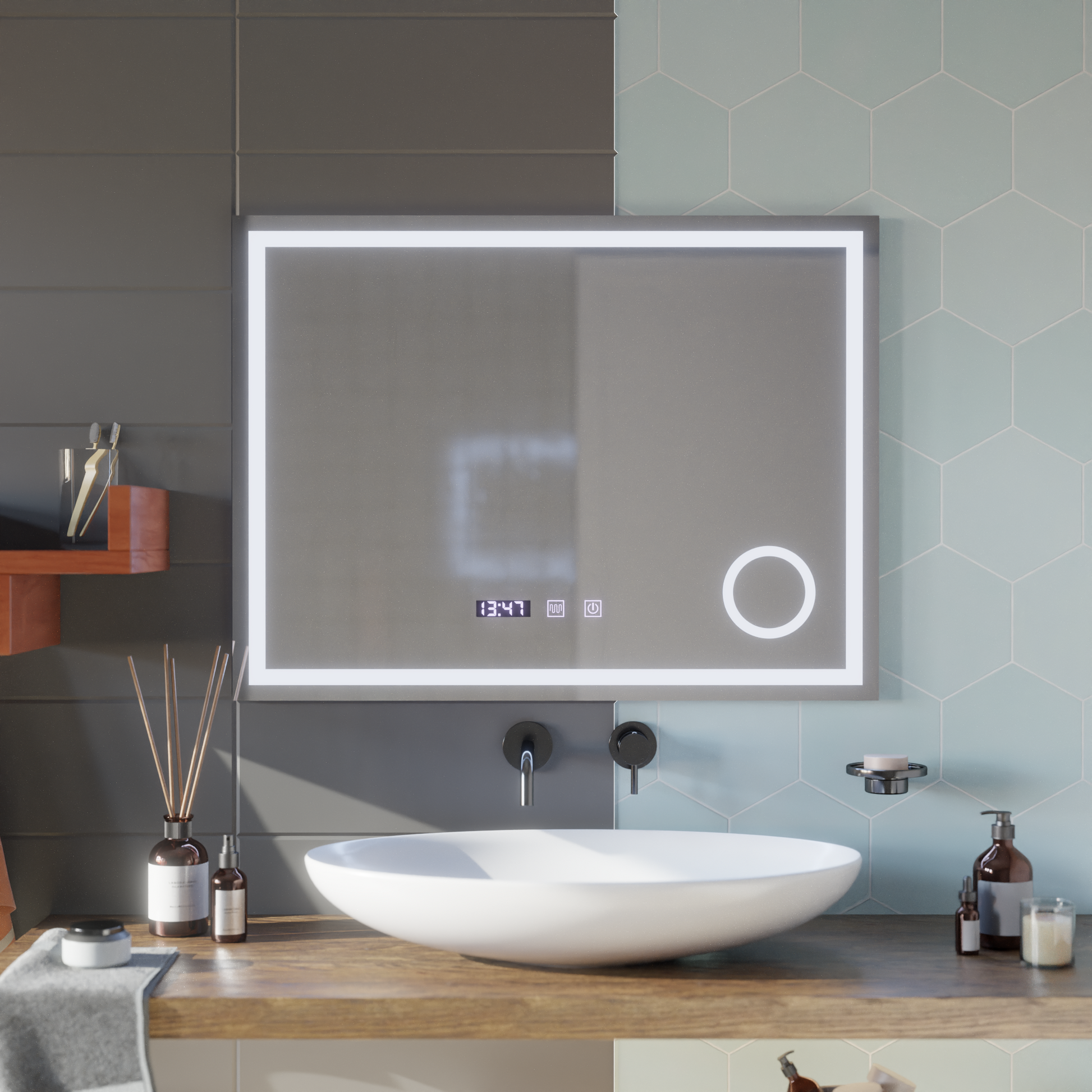 Lustro dotykowe LED NIVERA System odmgławiania, zegar i temperatura 80x60 cm Lustra kosmetyczne Lustra Korman S Domyślny tytuł Alessandro Design