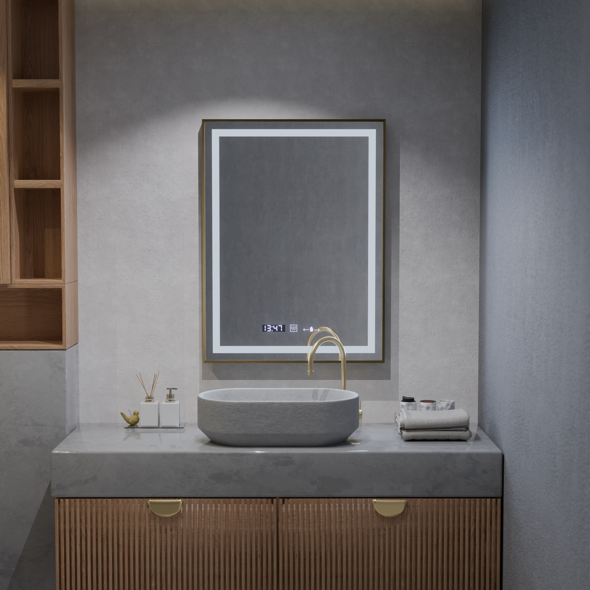 Prostokątne lustro LED, 60x80 cm, Verite Royale Gold MotionGlow Marcello, system odmgławiania, zegar i termometr, przyciemniane lustra Marcello Domyślny tytuł Alessandro Design