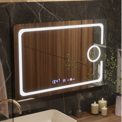 Prostokątne lustro LED, 120x80cm, Eclat Motionglow Marcello, system działu, zegar i termometr, kosmetyka Lupa, Dokrywa