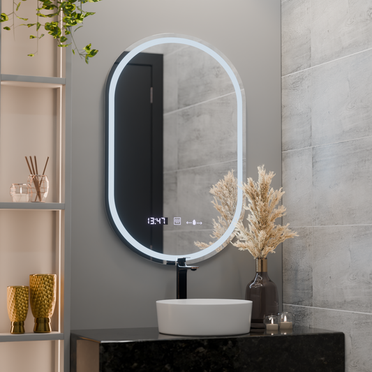 Owalne lustro LED, 50x80cm, Eminence MotionGlow Marcello, system odmgławiania, zegar i termometr, przyciemniane lustra Marcello Domyślny tytuł Alessandro Design