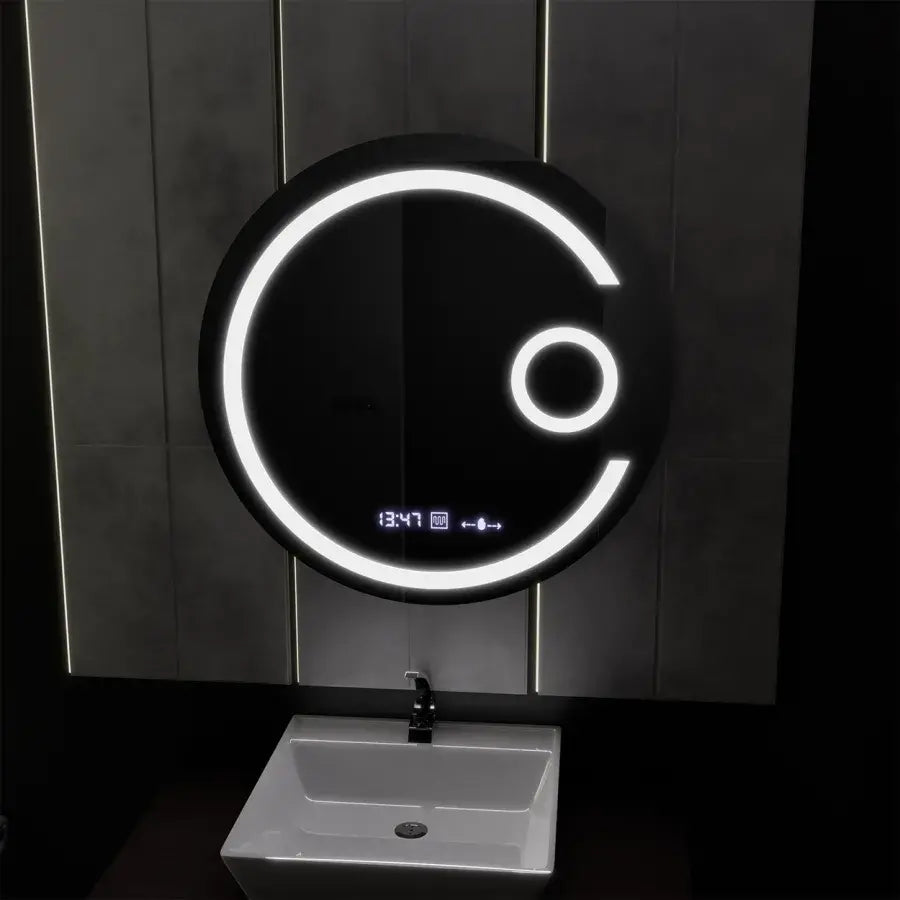 Okrągłe lustro LED, 60 cm, Visio MotionGlow Marcello, system usuwania zamglenia, zegar i termometr, lupa kosmetyczna, ściemniane lustra Marcello Domyślny tytuł Alessandro Design