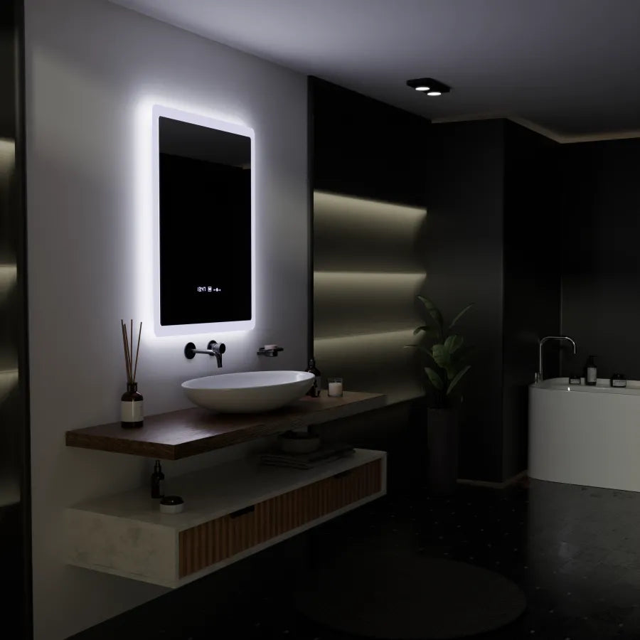 Prostokątne lustro LED, 60x80cm, czujnik ELANCEE MotionGlow Marcello, system odmgławiania, zegar i termometr, przyciemniane lustra Marcello Domyślny tytuł Alessandro Design