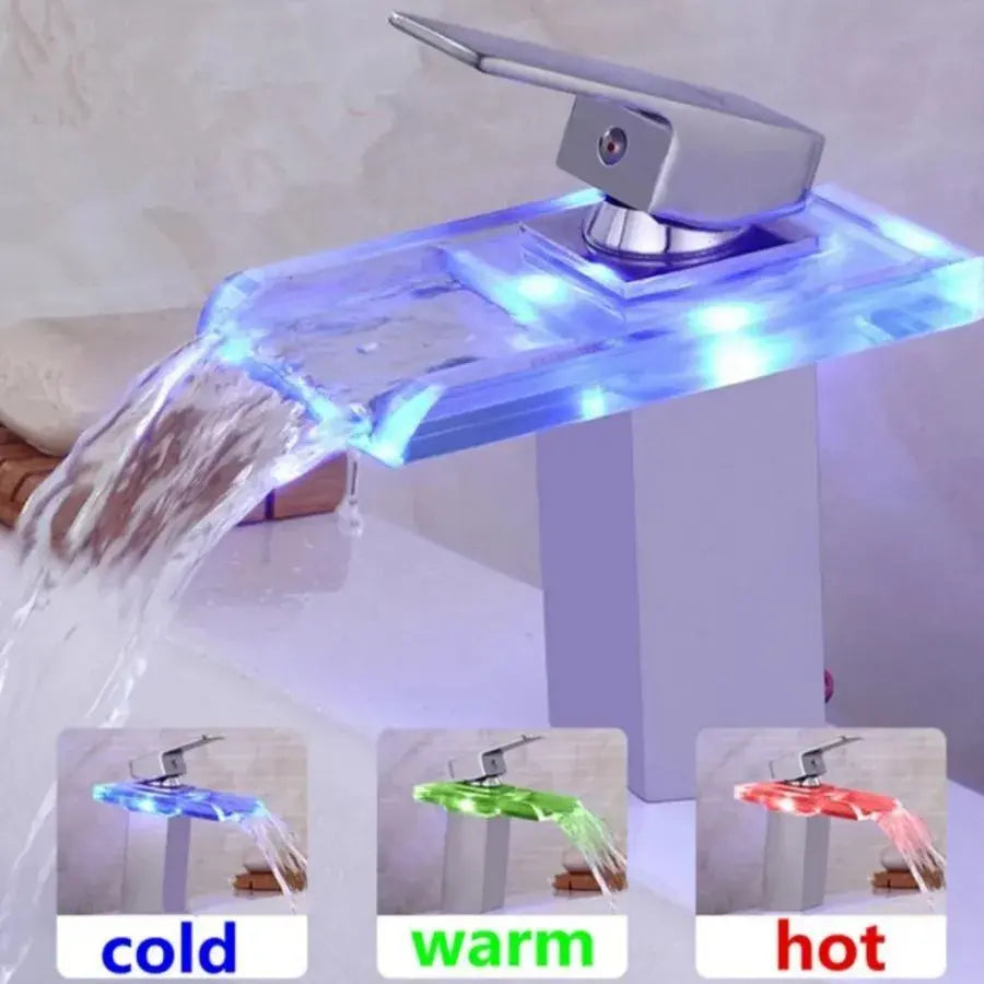 Bateria umywalkowa, stop i szkło, chrom, światło RGB, zmiana koloru w zależności od temperatury wody, baterie łazienkowe OD3008 Domyślny tytuł Alessandro Design