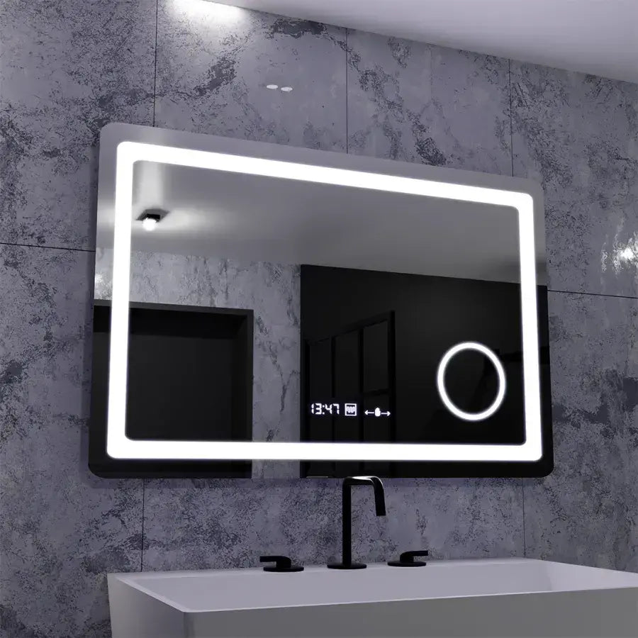 Prostokątne lustro LED, 90x60 cm, Souverain MotionGlow Marcello, system usuwania zamglenia, zegar i termometr, lupa kosmetyczna, przyciemniane lustra Marcello Domyślny tytuł Alessandro Design