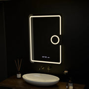 Prostokątne lustro LED, 50x70 cm, Eclat MotionGlow Marcello, system przeciwmgielny, zegar i termometr, lupa kosmetyczna, przyciemniane lustra Marcello Domyślny tytuł Alessandro Design