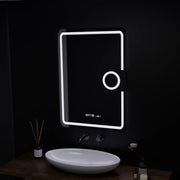 Prostokątne lustro LED, 50x70 cm, Eclat MotionGlow Marcello, system przeciwmgielny, zegar i termometr, lupa kosmetyczna, przyciemniane lustra Marcello Domyślny tytuł Alessandro Design