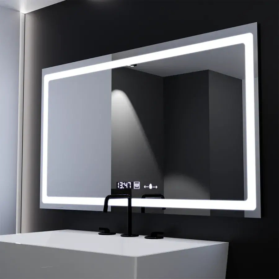 Prostokątne lustro LED, 120 x 70 cm, czujnik światła Radiant MotionGlow Marcello, system usuwania zamglenia, zegar i termometr, przyciemniane lustra Marcello Domyślny tytuł Alessandro Design