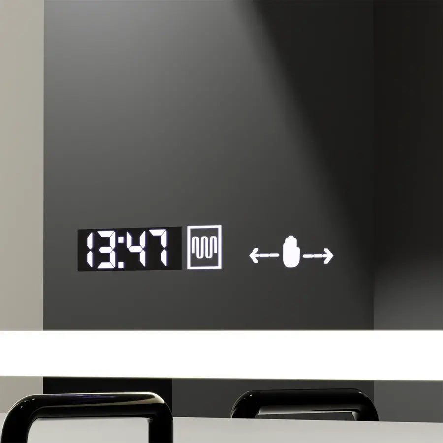Prostokątne lustro LED, 120 x 70 cm, czujnik światła Radiant MotionGlow Marcello, system usuwania zamglenia, zegar i termometr, przyciemniane lustra Marcello Domyślny tytuł Alessandro Design