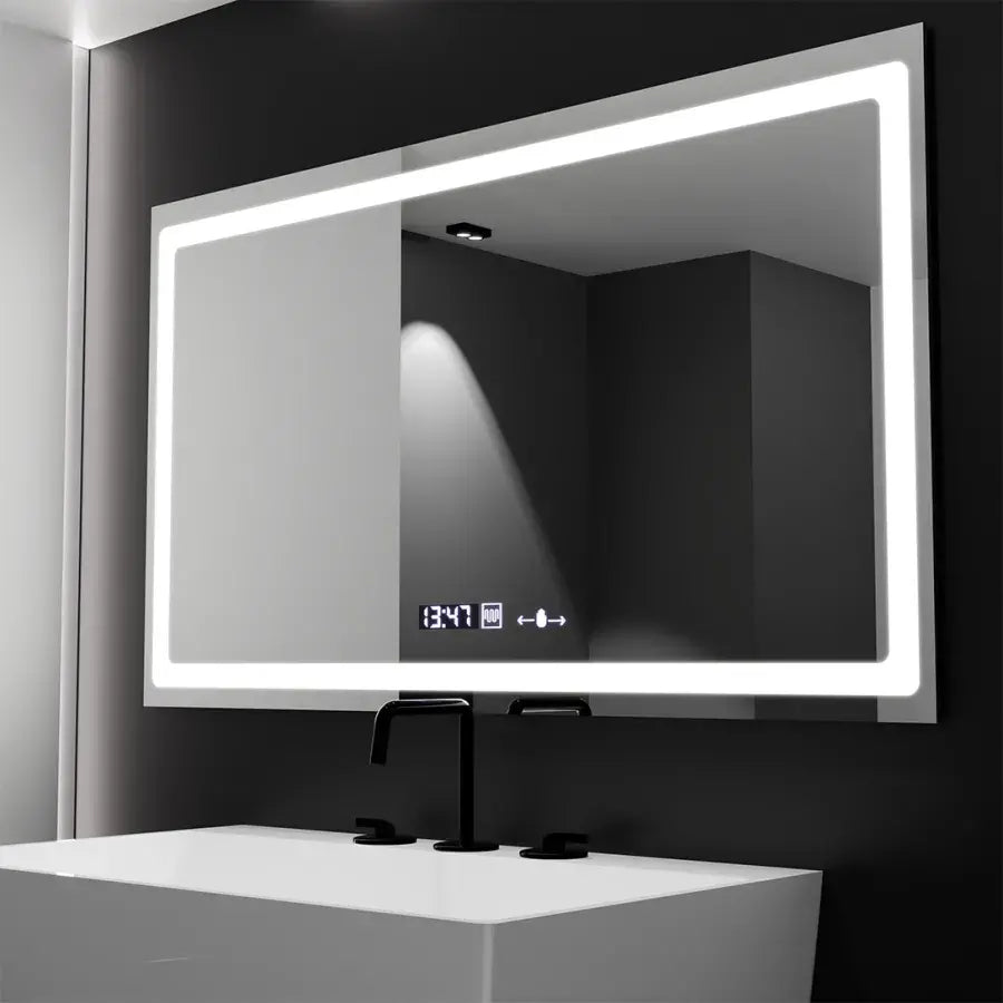 Prostokątne lustro LED, 120 x 70 cm, czujnik światła Radiant MotionGlow Marcello, system usuwania zamglenia, zegar i termometr, przyciemniane lustra Marcello Domyślny tytuł Alessandro Design