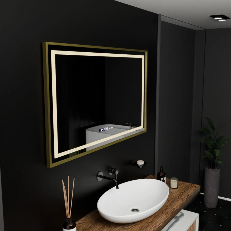 Prostokątne lustro LED, 100x80cm, Verite Royale Gold Motion Glow Marcello, system odmgławiania, zegar i termometr, przyciemniane lustra Marcello Domyślny tytuł Alessandro Design