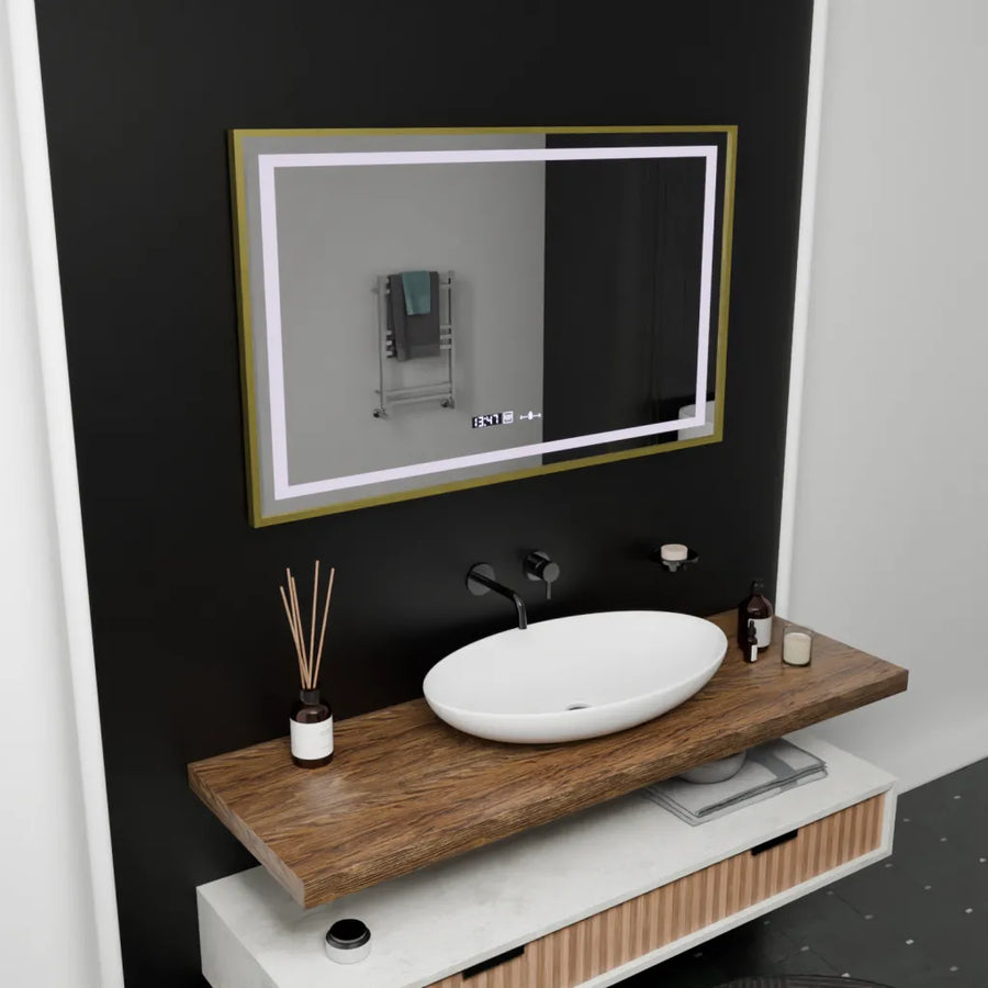 Prostokątne lustro LED, 100x80cm, Verite Royale Gold Motion Glow Marcello, system odmgławiania, zegar i termometr, przyciemniane lustra Marcello Domyślny tytuł Alessandro Design