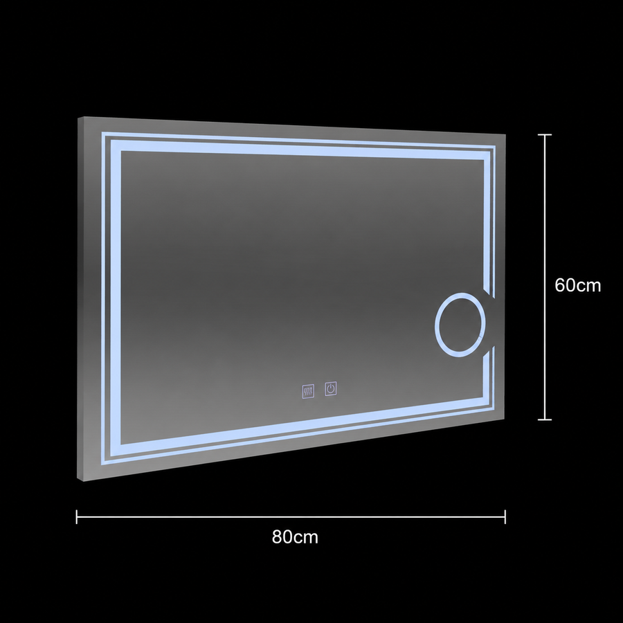 Prostokątne lustro LED, 80x60cm, CANTO Touch, system odmgławiania, możliwość przyciemniania