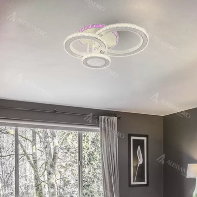 Żyrandol LED z pilotem i kryształem LEOCADIA RGB 134W, 3 koła, światło zimne/ciepłe/neutralne, możliwość przyciemniania, biały
