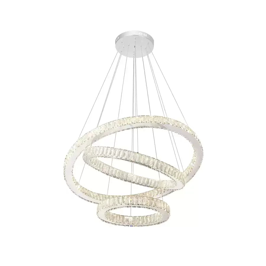 Zawieszany żyrandol LED z pilotem i kryształem CAYDEN 200W, 3 koła, światło zimne/ciepłe/neutralne, możliwość przyciemniania, błyszczący chrom, żyrandol LED o regulowanej wysokości Domyślny tytuł Alessandro Design