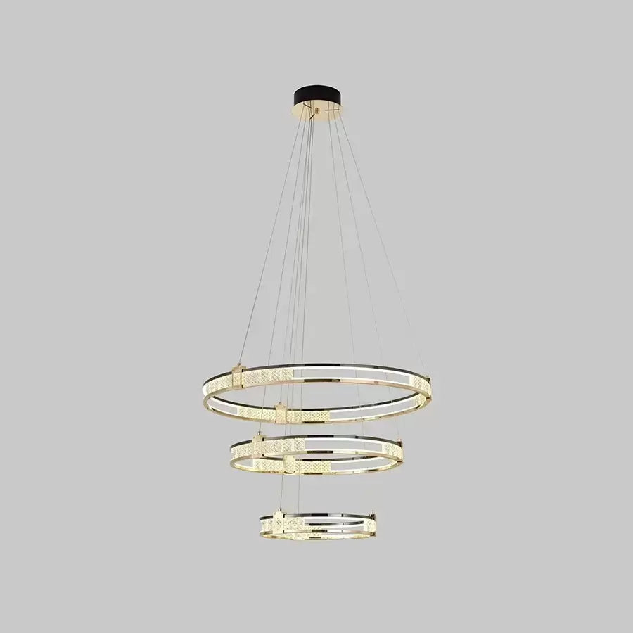 Zawieszany żyrandol LED z pilotem i kryształem ROGER 150W, 3 koła, światło zimne/ciepłe/neutralne, możliwość przyciemniania, błyszczące złoto, żyrandole kryształowe LED z regulacją wysokości Domyślny tytuł Alessandro Design