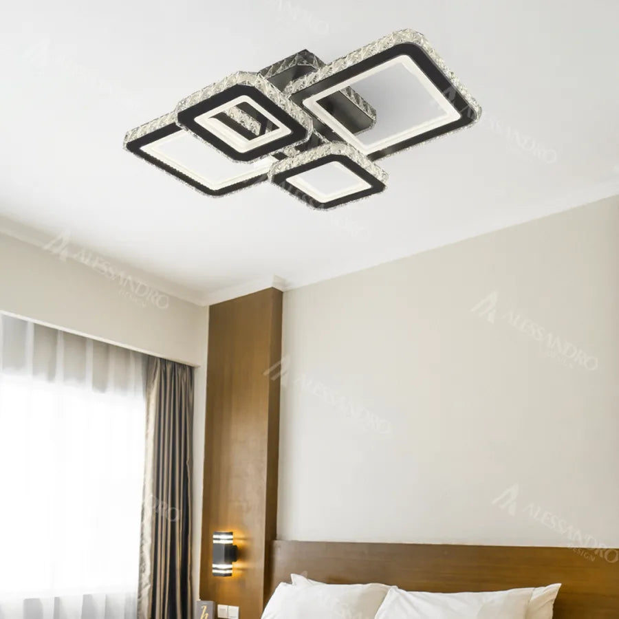 Żyrandol LED z pilotem i kryształem BLAKELY RGB 154W, 4 kwadraty, światło zimne/ciepłe/neutralne, możliwość przyciemniania, żyrandole LED z czarnego kryształu Domyślny tytuł Alessandro Design