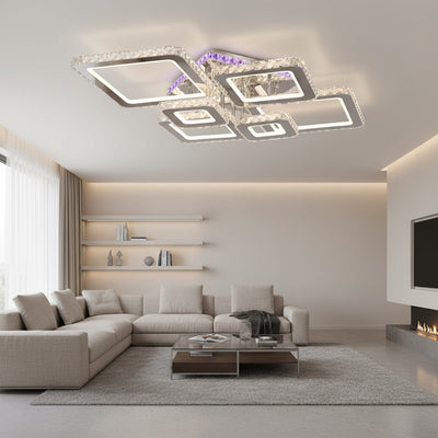 Żyrandol LED z pilotem i kryształem NOVA RHOMBA RGB 168W, 6 kwadratów, światło zimne/ciepłe/neutralne, możliwość przyciemniania, błyszczący chrom