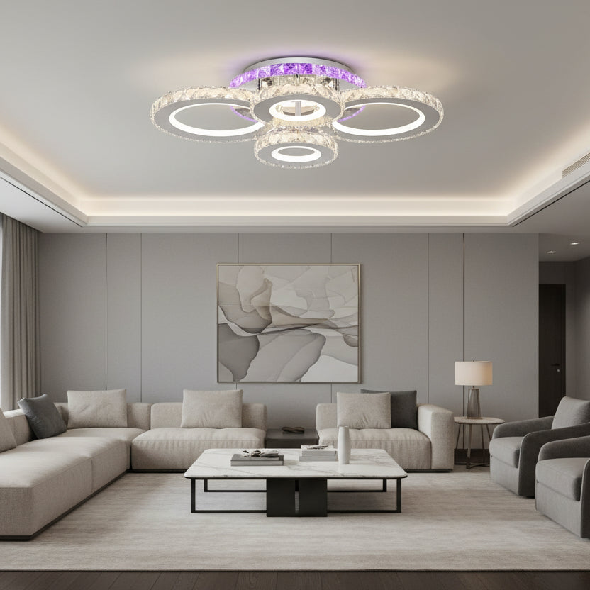 Żyrandol LED z pilotem i kryształem NOVA ROTONDA RGB 82W, 4 koła, światło zimne/ciepłe/neutralne, możliwość przyciemniania, chromowane żyrandole i kryształy LED Domyślny tytuł Alessandro Design