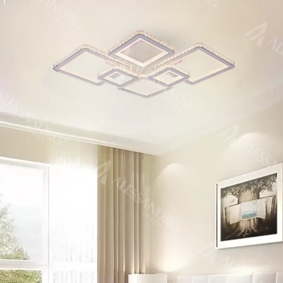 Żyrandol LED z pilotem i kryształem QUADRIS RGB 175W, 6 kwadratów, światło zimne/ciepłe/neutralne, możliwość przyciemniania, białe Żyrandole LED z pilotem Domyślny tytuł Alessandro Design