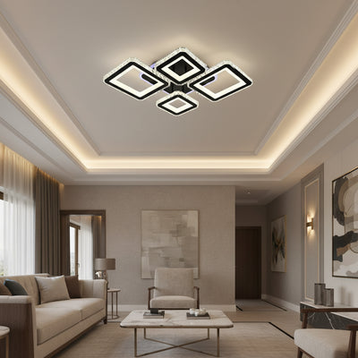 Żyrandol LED z pilotem i kryształem QUADRIS RGB 96W, 4 kwadraty, światło zimne/ciepłe/neutralne, możliwość przyciemniania, czarny