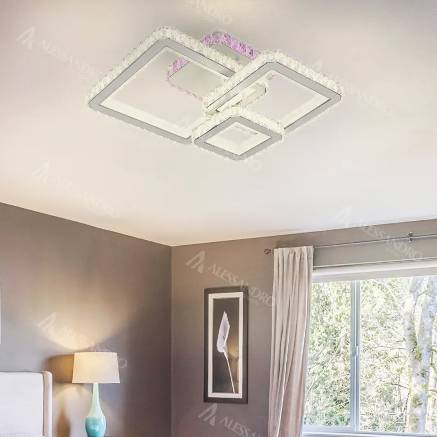 Żyrandol LED z pilotem i kryształem BLAKELY RGB 166W, 3 kwadraty, światło zimne/ciepłe/neutralne, możliwość przyciemniania, żyrandole LED z białego kryształu Domyślny tytuł Alessandro Design