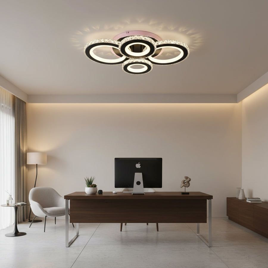 Żyrandol LED z pilotem i kryształem NOVA ROTONDA RGB 82W, 4 koła, światło zimne/ciepłe/neutralne, możliwość przyciemniania, czarne Żyrandole LED z pilotem Domyślny tytuł Alessandro Design