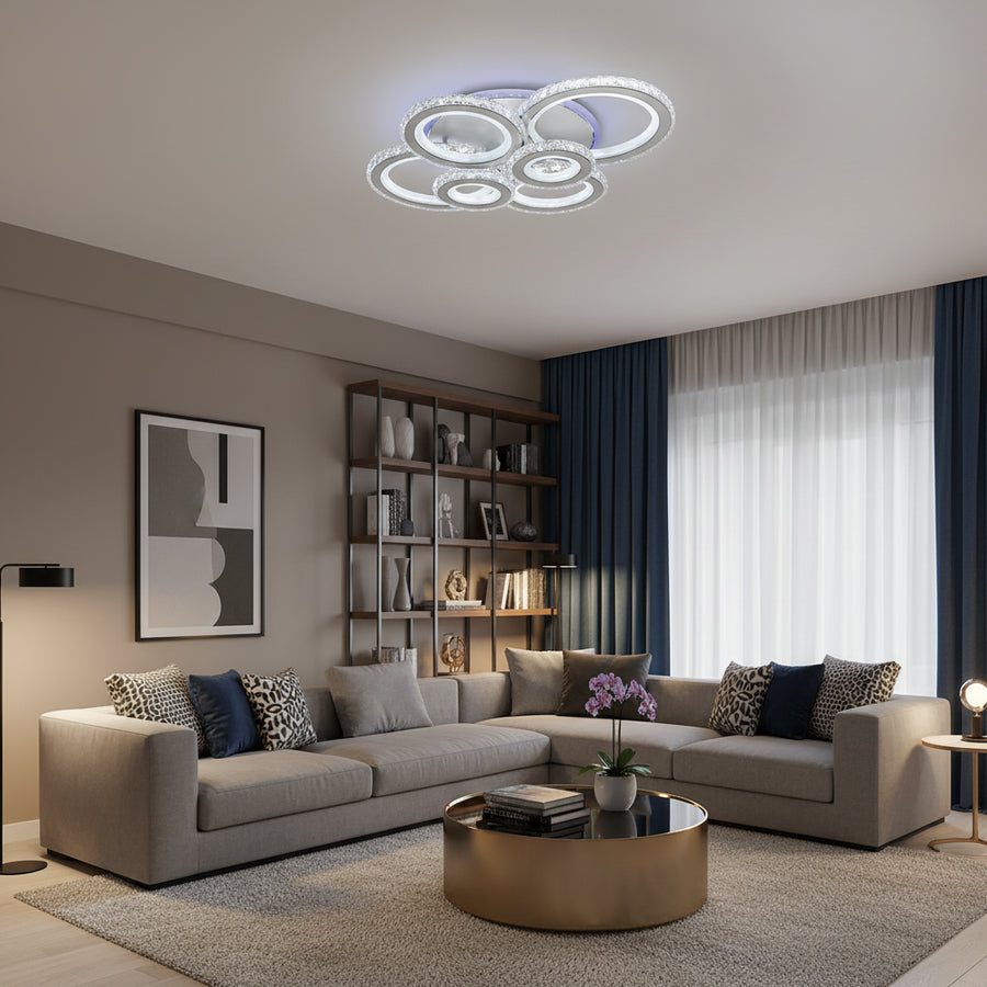 Żyrandol LED z pilotem i kryształem NOVA ROTONDA RGB 145W, 6 kółek, światło zimne/ciepłe/neutralne, możliwość przyciemniania, żyrandole LED z białego kryształu Domyślny tytuł Alessandro Design