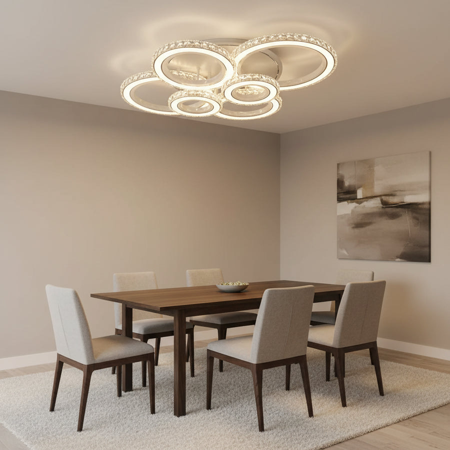 Żyrandol LED z pilotem i kryształem NOVA ROTONDA RGB 145W, 6 kółek, światło zimne/ciepłe/neutralne, możliwość przyciemniania, żyrandole LED z białego kryształu Domyślny tytuł Alessandro Design