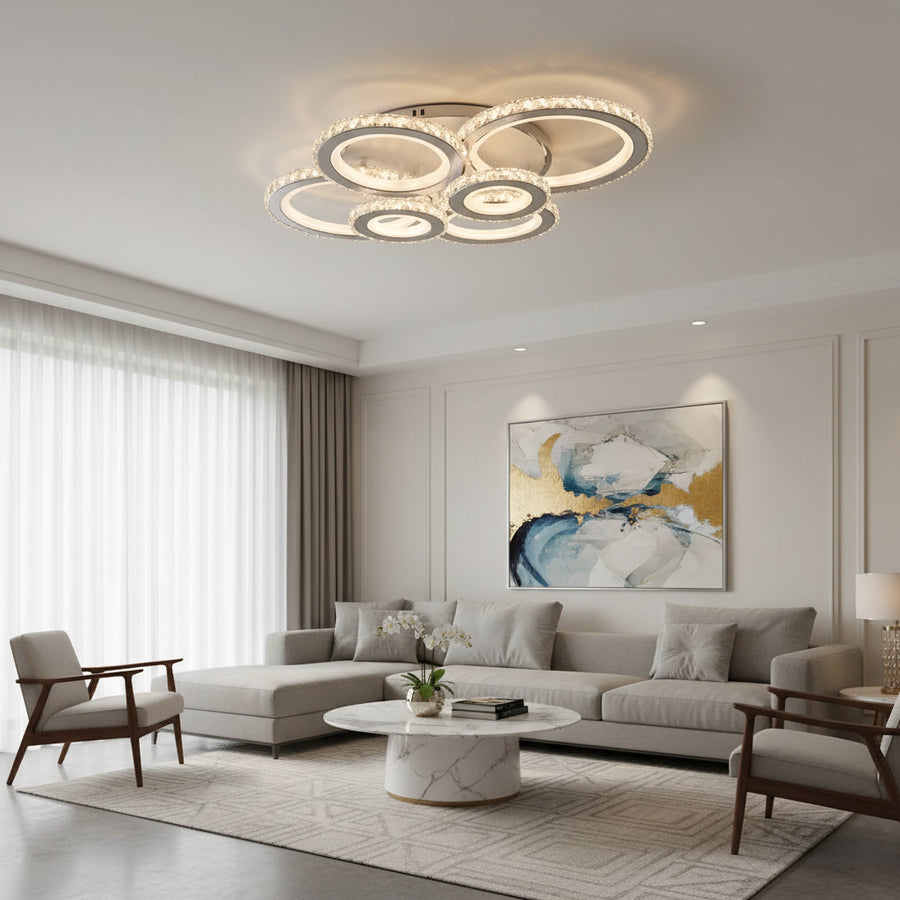 Żyrandol LED z pilotem i kryształem NOVA ROTONDA RGB 145W, 6 kółek, światło zimne/ciepłe/neutralne, możliwość przyciemniania, żyrandole LED z białego kryształu Domyślny tytuł Alessandro Design