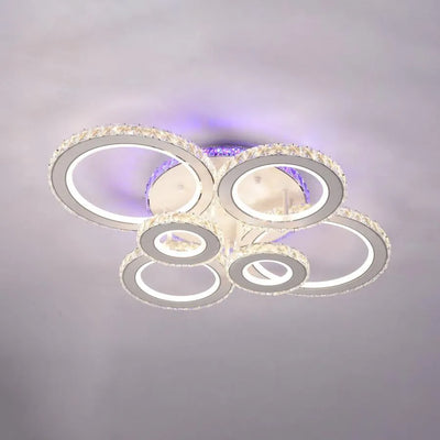 Żyrandol LED z pilotem i kryształem MEILI ZAFINA RGB 238W, 6 kółek, światło zimne/ciepłe/neutralne, możliwość przyciemniania, biały
