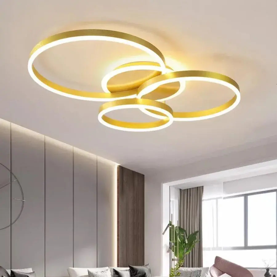 Żyrandol LED z pilotem LYRA 100 W, 3 koła, światło zimne/ciepłe/neutralne, możliwość przyciemniania, żyrandole LED ze szczotkowanego złota z pilotem Domyślny tytuł Alessandro Design