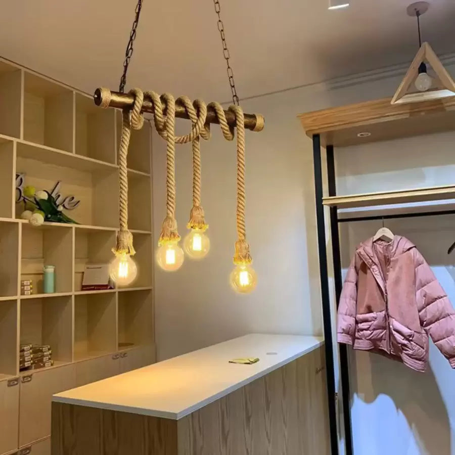 Żyrandol w stylu vintage ze sznurkiem PEDRO, 4 x E27, żyrandole w stylu vintage z ciemnego drewna Domyślny tytuł Alessandro Design