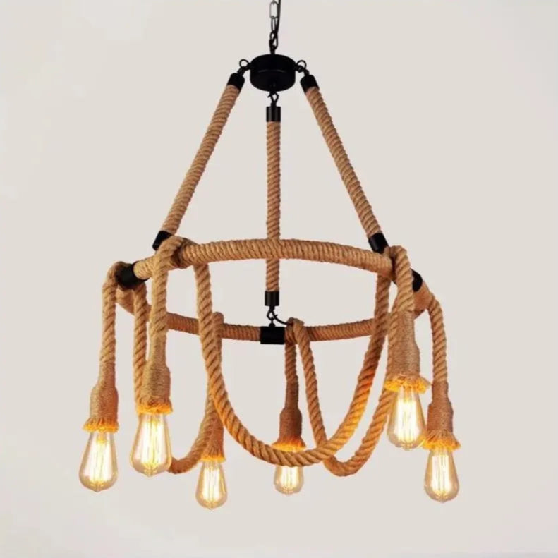 Rustykalny żyrandol sznurkowy 6x E27 okrągła lina zawieszona żyrandole w stylu vintage domyślny tytuł Alessandro Design