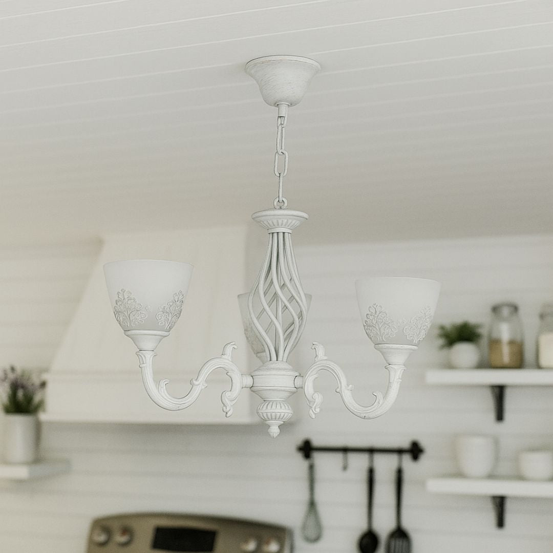 Żyrandol VINTAGE, typ wiszący, COTTAGE, okrągły, 3xE27, szkło i metal, białe klasyczne żyrandole Domyślny tytuł Alessandro Design