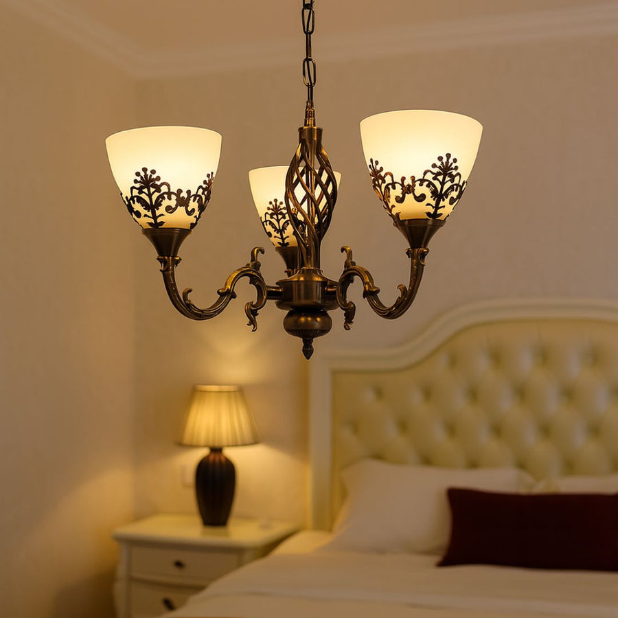 Żyrandol VINTAGE, wahadło z ramionami, COTTAGE, okrągły, 3xE27, szkło i metal, brązowe klasyczne żyrandole Domyślny tytuł Alessandro Design