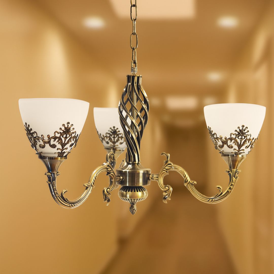 Żyrandol VINTAGE, wahadło z ramionami, COTTAGE, okrągły, 3xE27, szkło i metal, brązowe klasyczne żyrandole Domyślny tytuł Alessandro Design