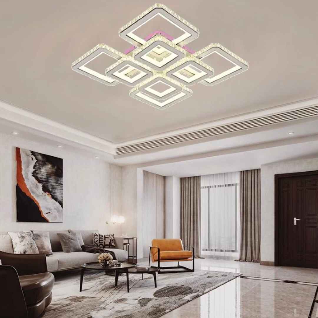 Żyrandol LED z pilotem i kryształem LEILA 175W, 8 kwadratów, światło zimne/ciepłe/neutralne, możliwość przyciemniania, błyszcząca biel Chromowane żyrandole LED z pilotem Domyślny tytuł Alessandro Design