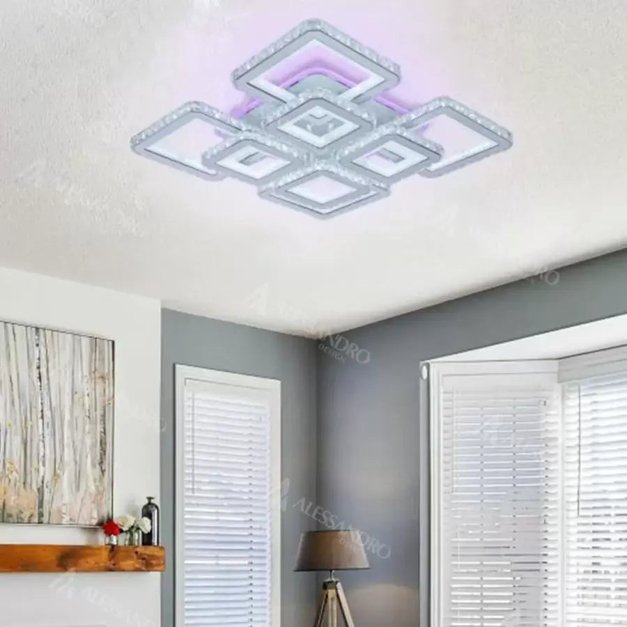 Żyrandol LED z pilotem i kryształem LEILA 175W, 8 kwadratów, światło zimne/ciepłe/neutralne, możliwość przyciemniania, błyszcząca biel Chromowane żyrandole LED z pilotem Domyślny tytuł Alessandro Design
