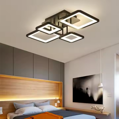 Żyrandol LED z pilotem ELLA 67W, 4 kwadraty, światło zimne/ciepłe/neutralne, możliwość przyciemniania, czarny, metal i akryl