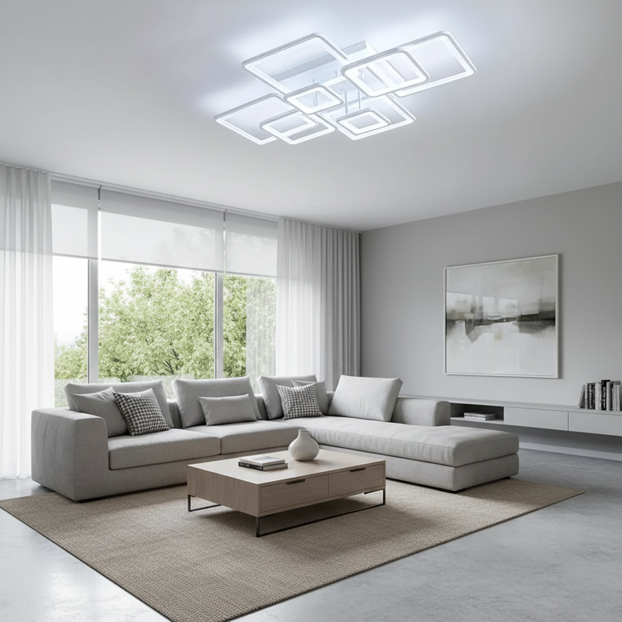 Żyrandol LED z pilotem ELLA 187W, 8 kwadratów, światło zimne/ciepłe/neutralne, możliwość przyciemniania, biały Żyrandol LED z pilotem Domyślny tytuł Alessandro Design